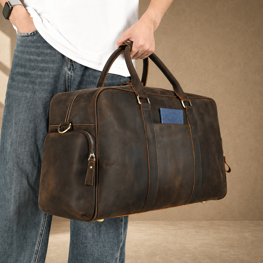 Deep coffee leather weekender duffel, hand-carry lifestyle view