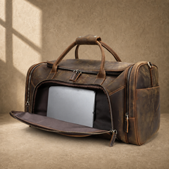 Coffee leather travel weekender, open laptop compartment three-quarter hero view