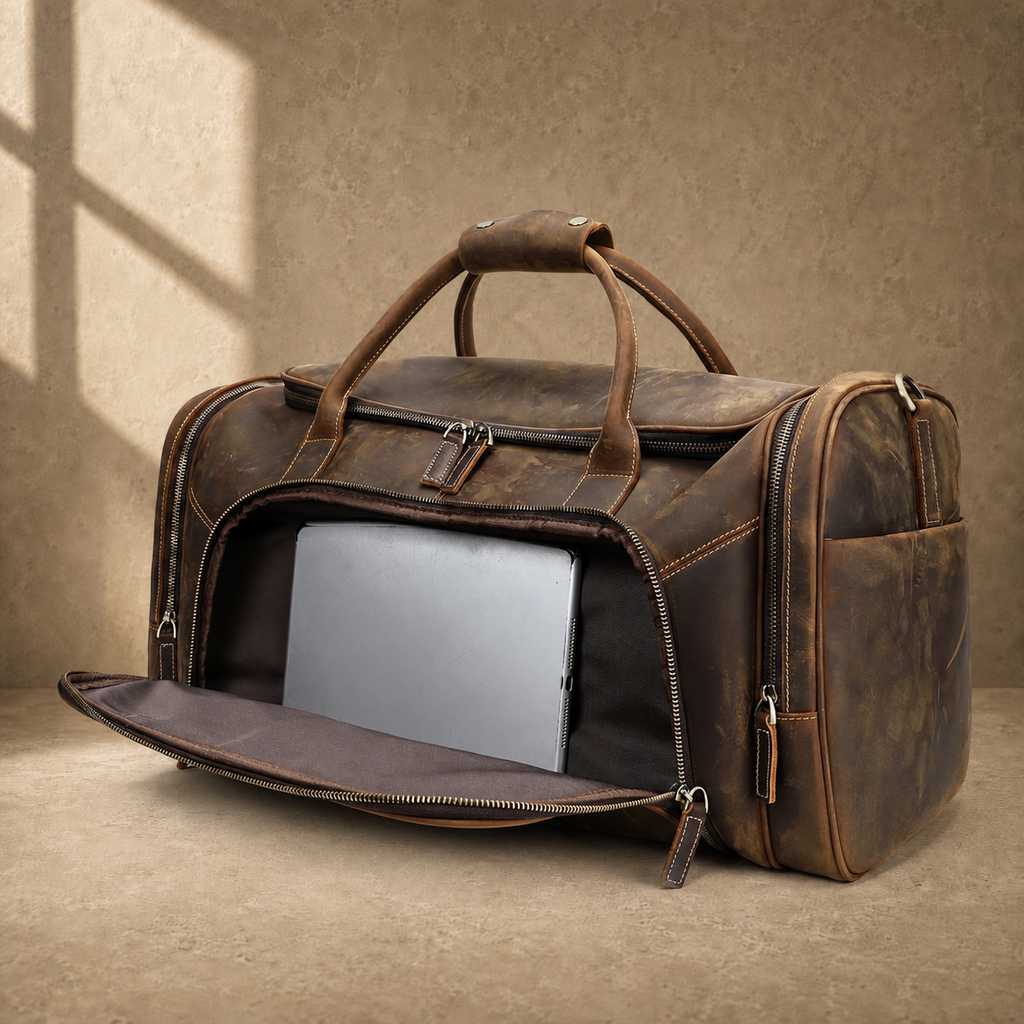 Coffee leather travel weekender, open laptop compartment three-quarter hero view