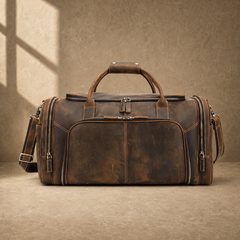 Coffee leather travel weekender, front exterior view with shoulder strap