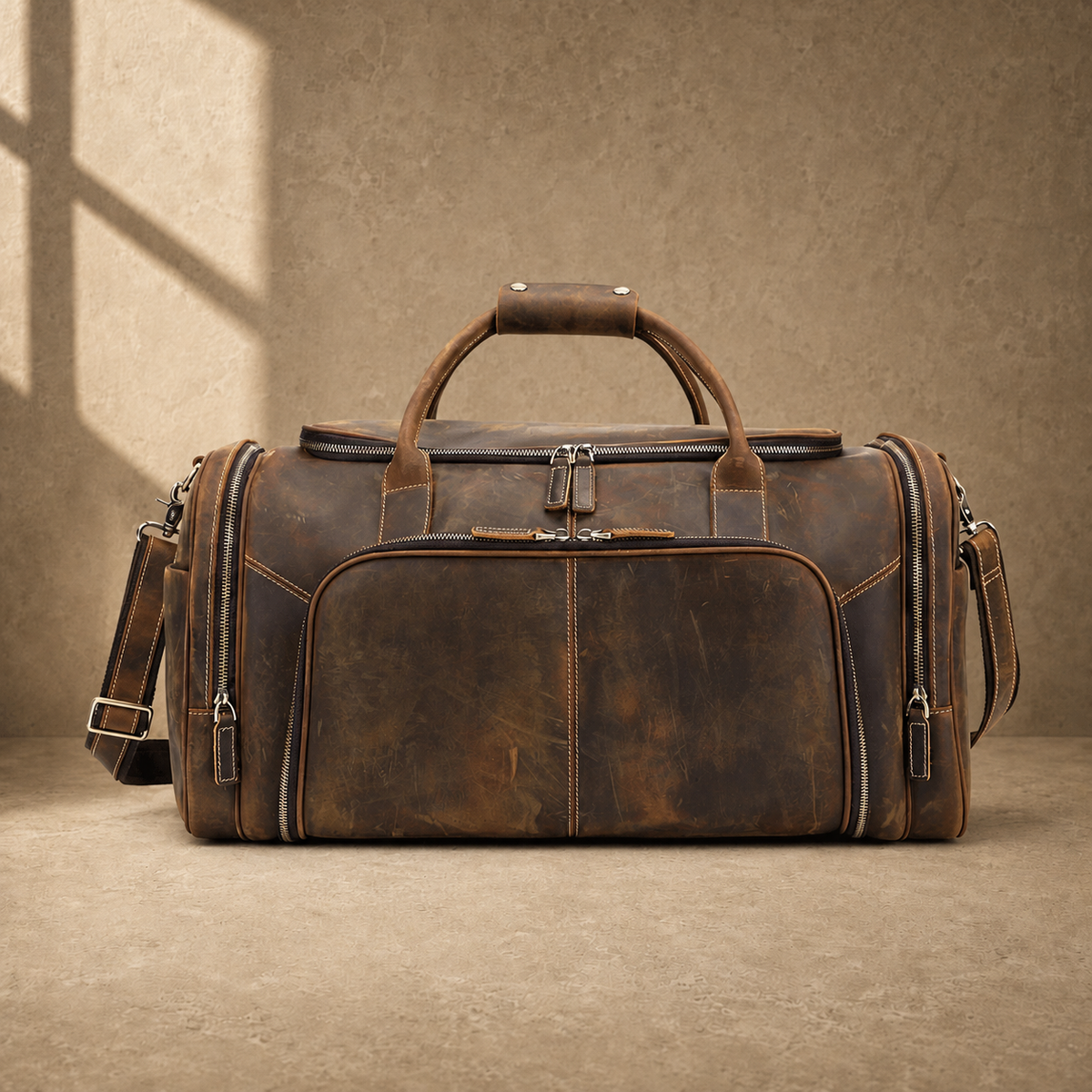 Coffee leather travel weekender, front exterior view with shoulder strap