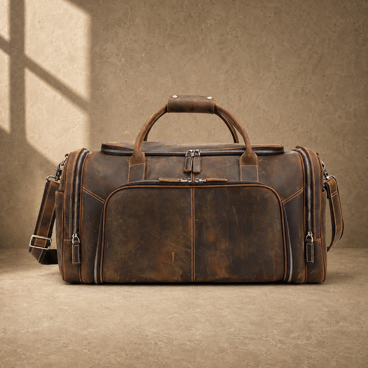 Coffee leather travel weekender, front exterior view with shoulder strap