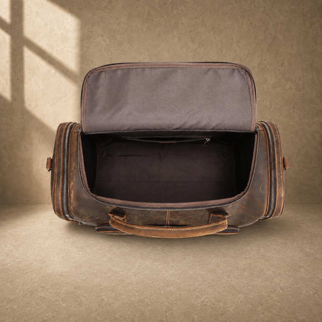 Coffee leather travel weekender, open empty main compartment top view
