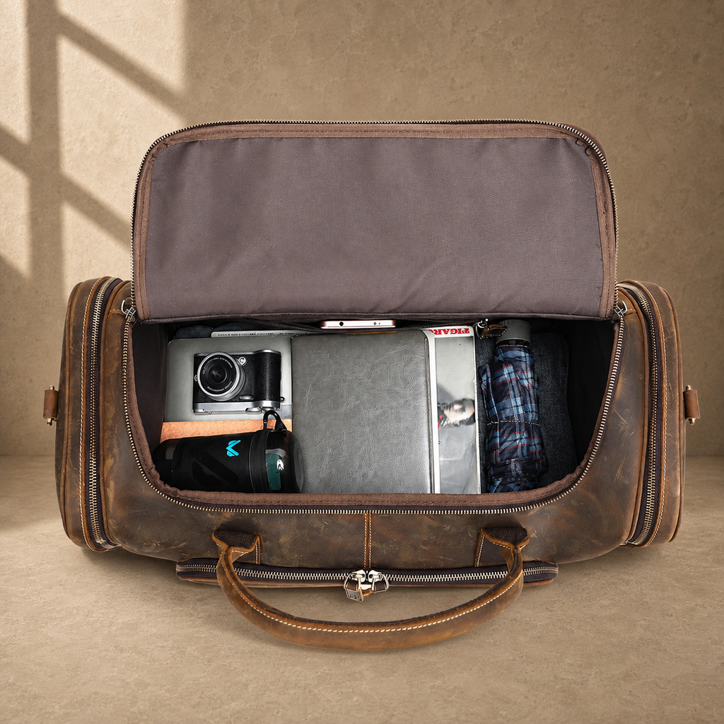Coffee leather travel weekender, packed main compartment capacity view