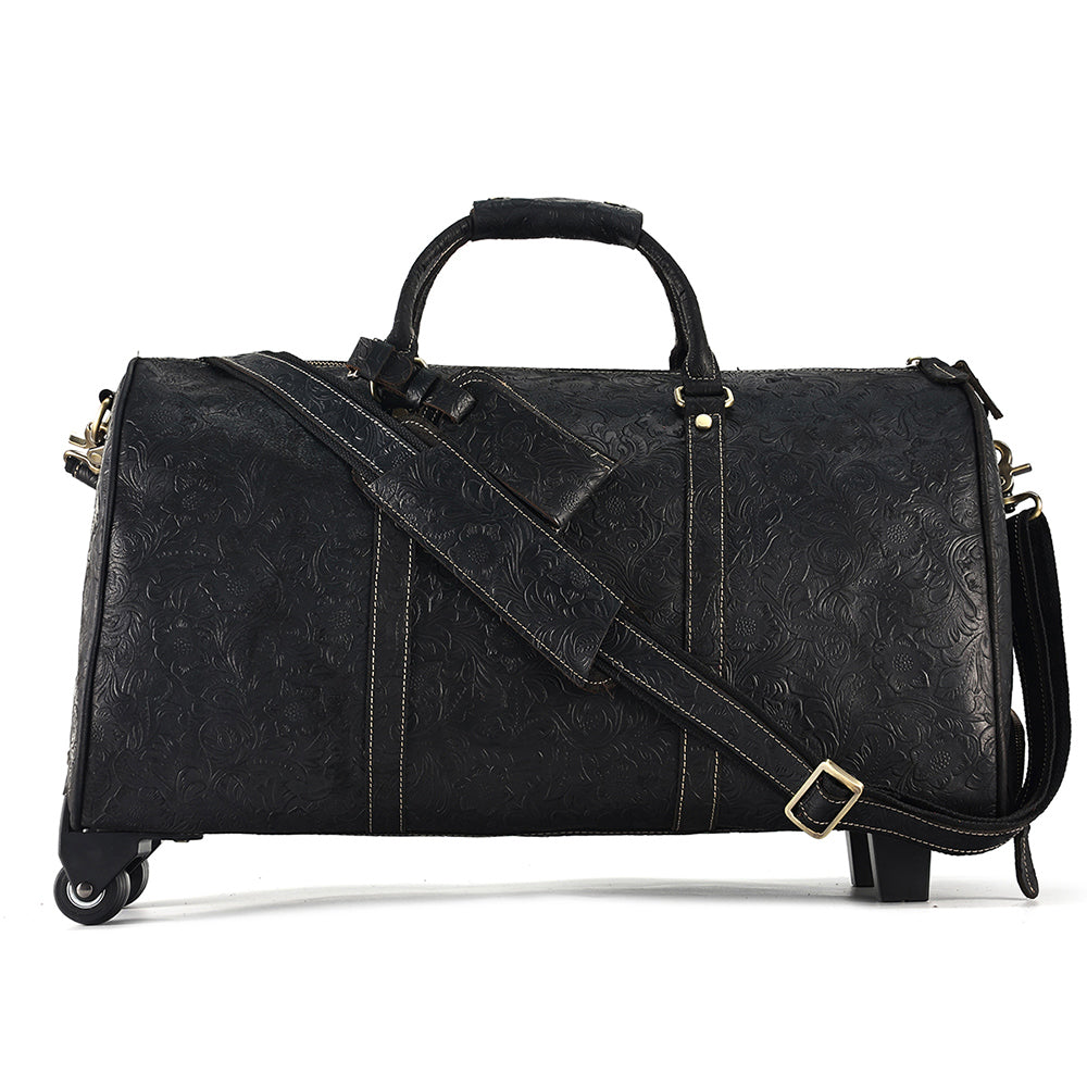 Front product view of The Archive Patterned Leather Weekender