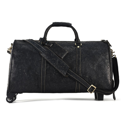 Front product view of The Archive Patterned Leather Weekender