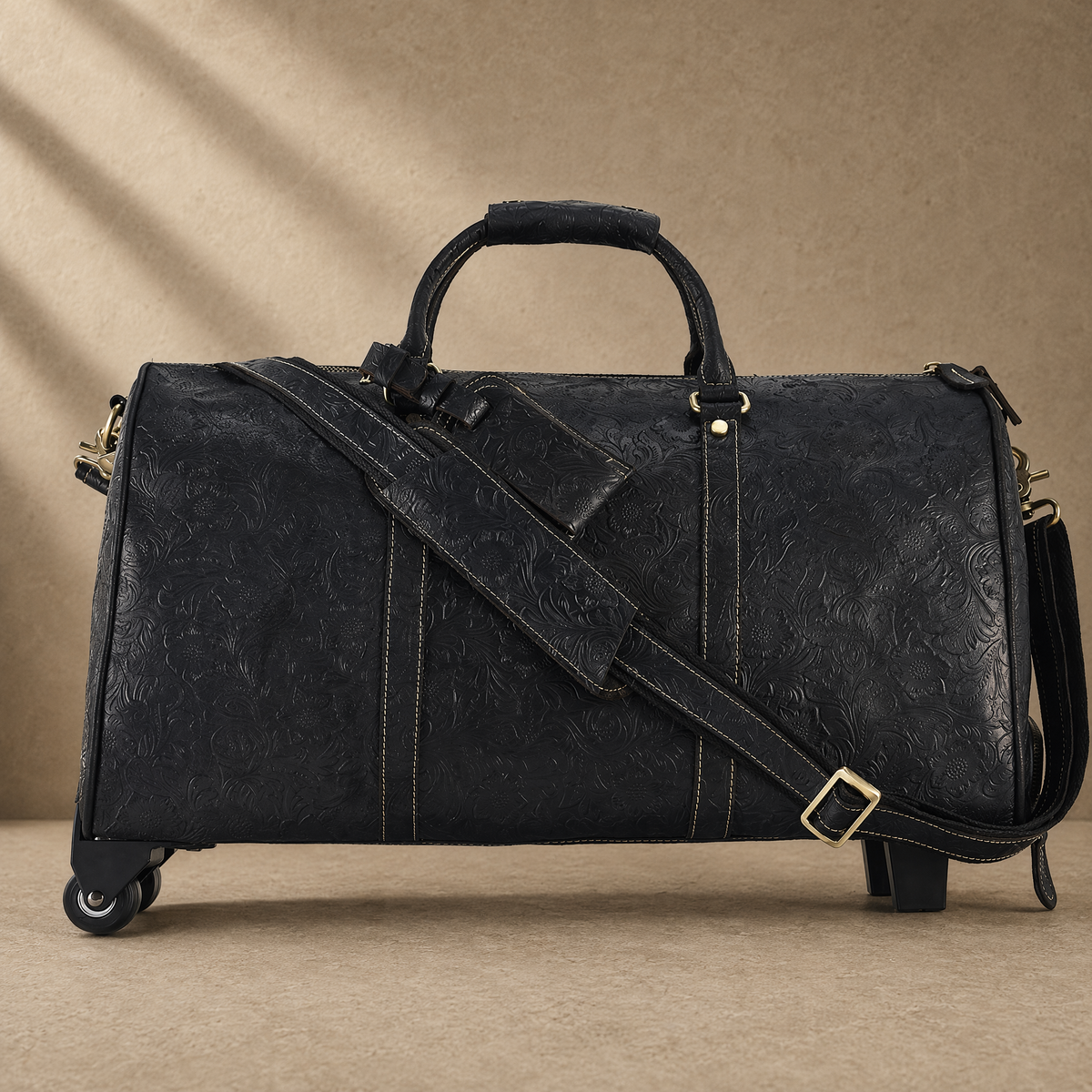 Black Embossed Rolling Travel Duffle