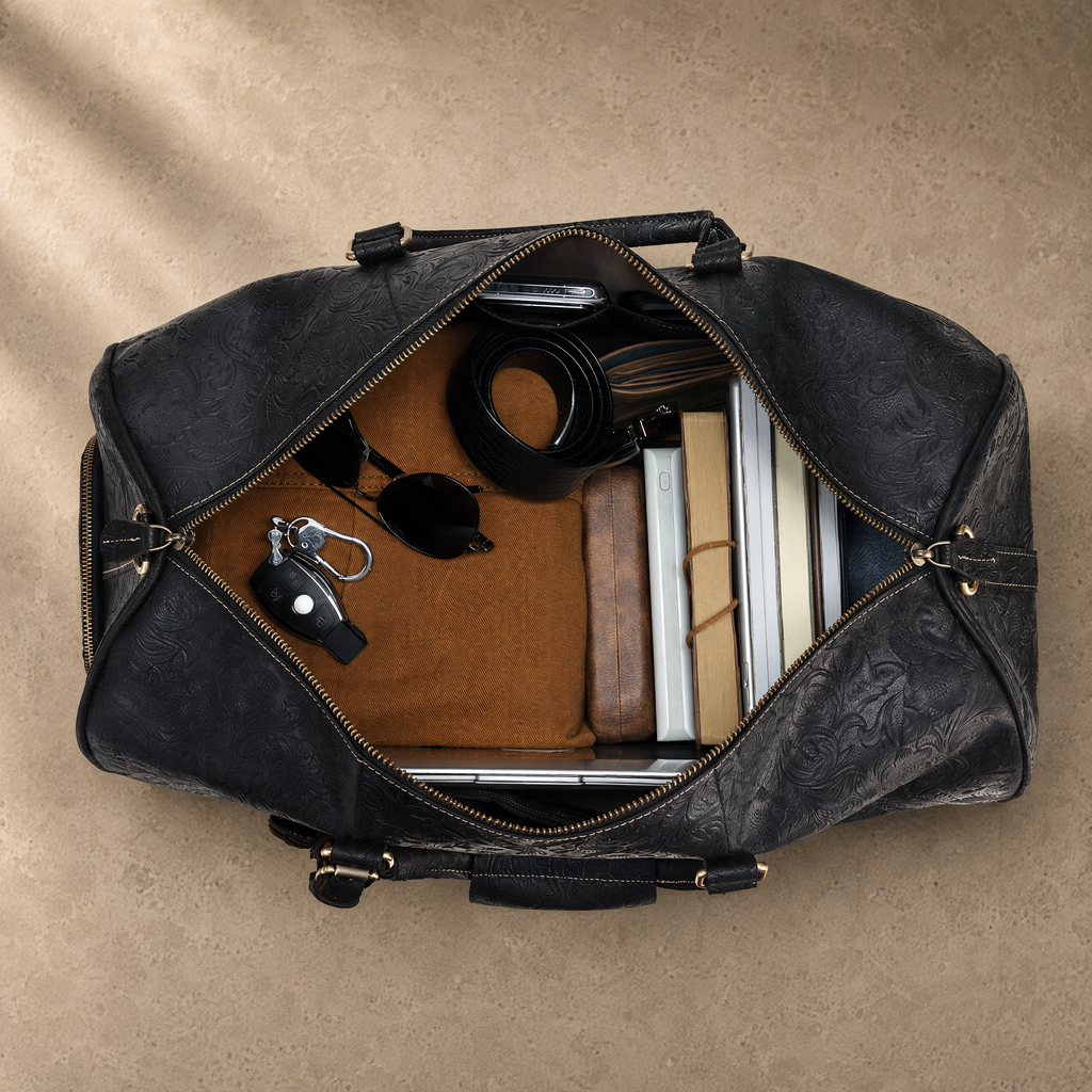 Black Embossed Rolling Travel Duffle