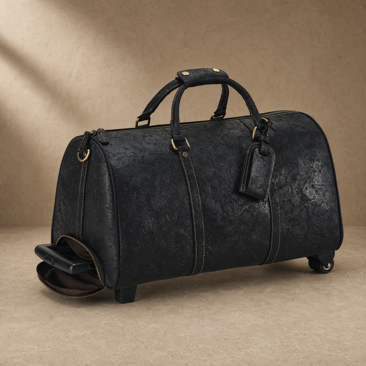 Black Embossed Rolling Travel Duffle