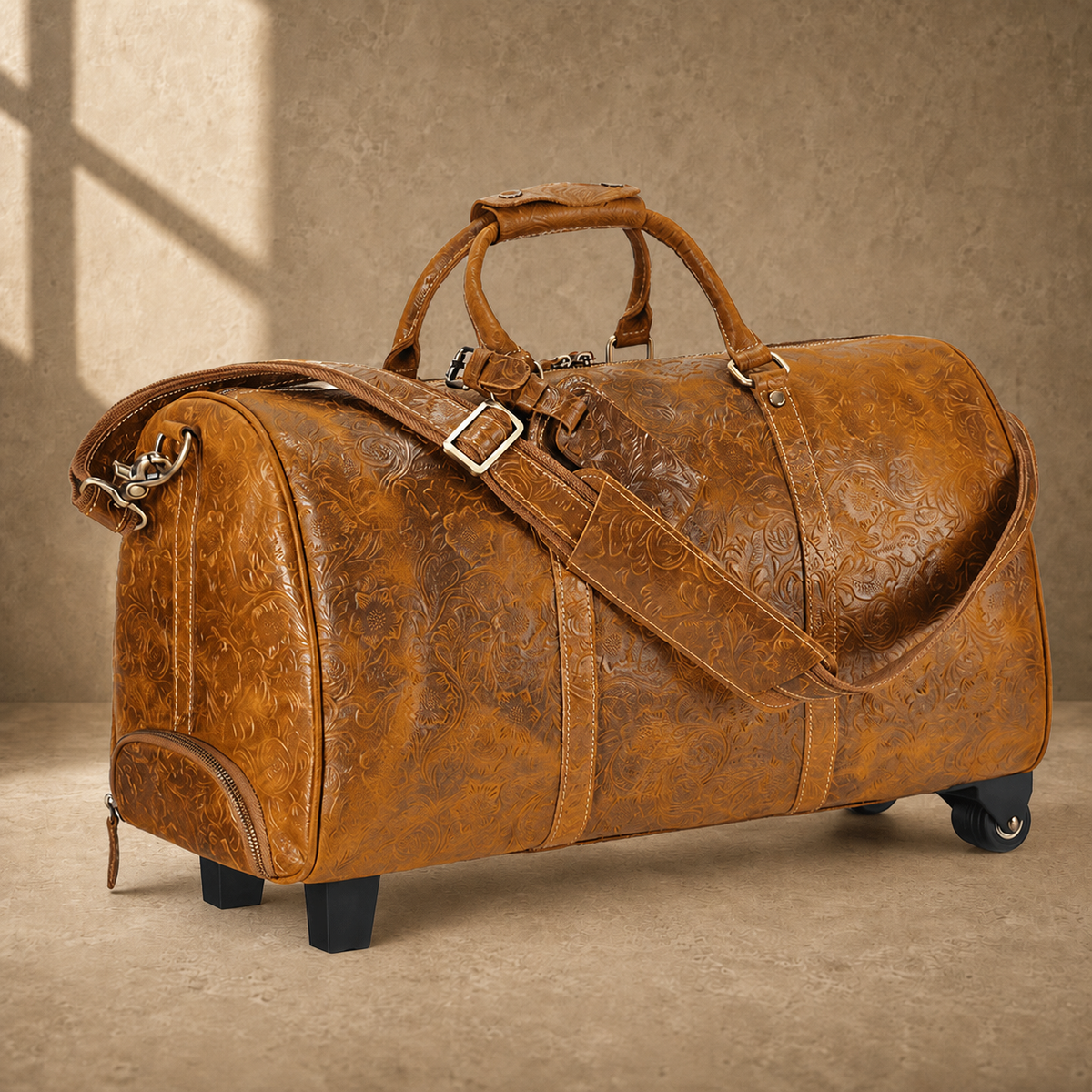 Cognac floral leather rolling duffle, three-quarter view