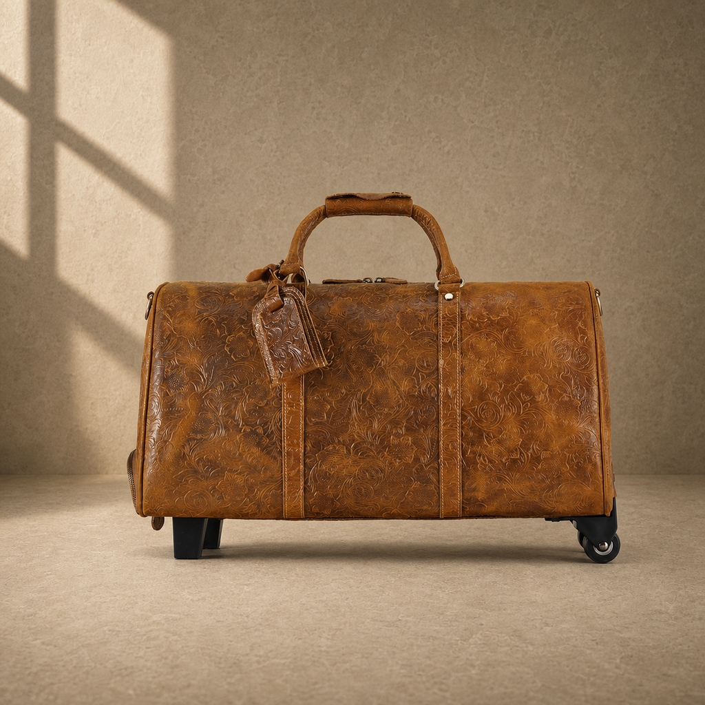 Cognac floral leather roller duffle, clean front profile