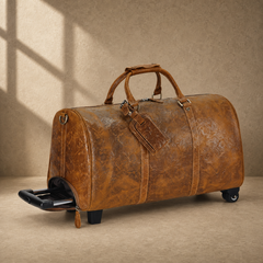 Cognac embossed rolling duffle with trolley handle partly extended