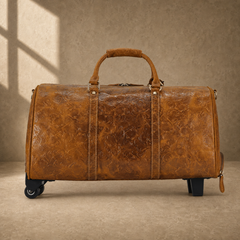 Rear view of cognac floral embossed rolling travel duffle