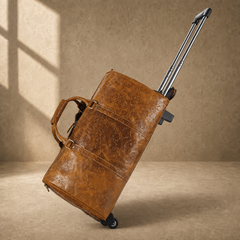 Cognac leather roller duffle in motion with trolley handle extended