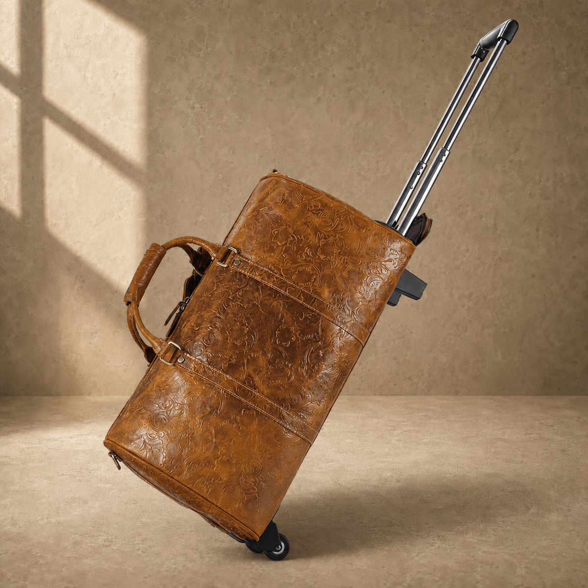 Cognac leather roller duffle in motion with trolley handle extended