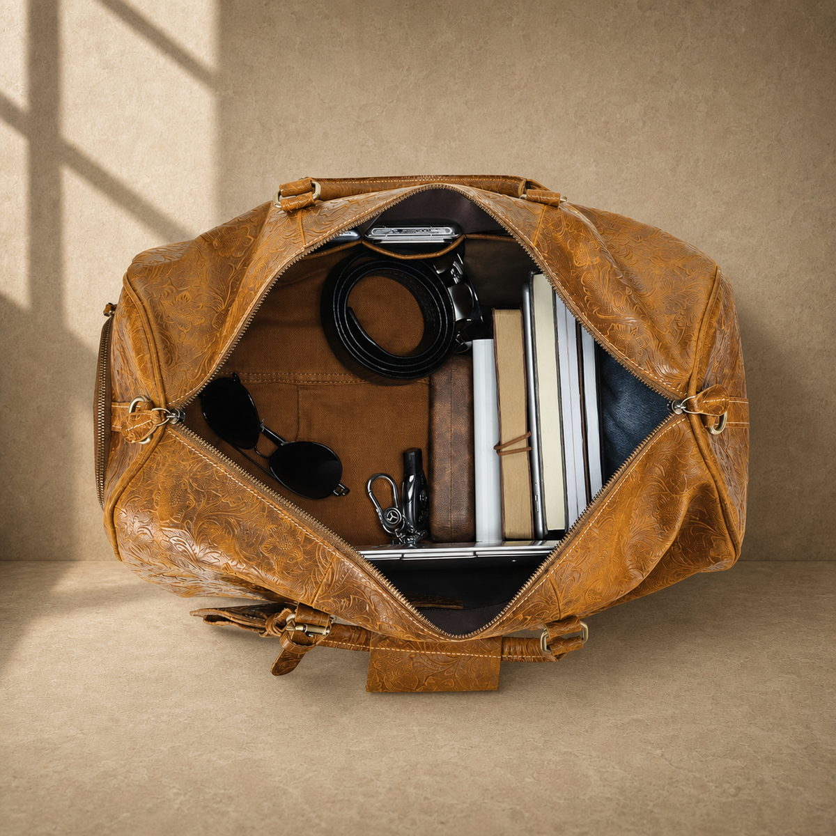 Packed cognac floral leather rolling duffle showing travel capacity