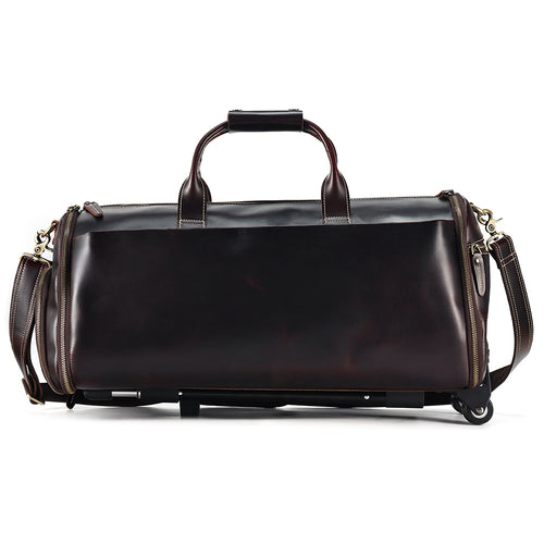 Front view of the Envoy rolling garment weekender in red-oiled brown leather