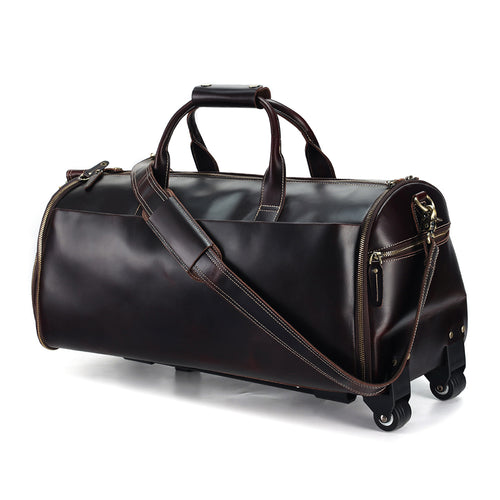 Three-quarter view of the brown rolling garment weekender with shoulder strap