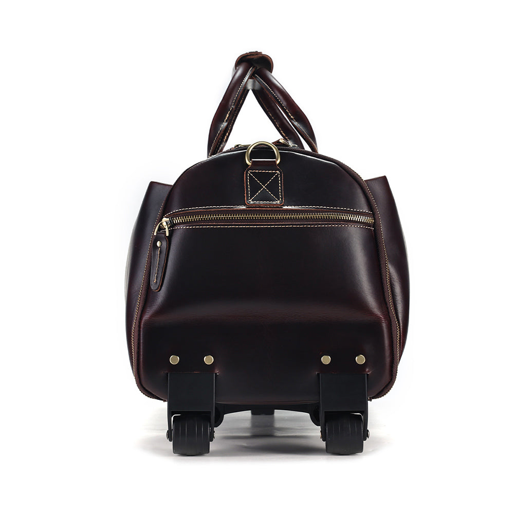 Side view showing the wheeled base and structured leather body
