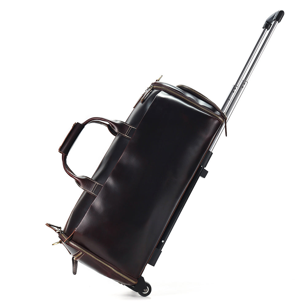 Rolling garment weekender shown with its telescoping pull handle extended