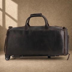 Dark brown top-grain cowhide rolling garment travel bag, front view