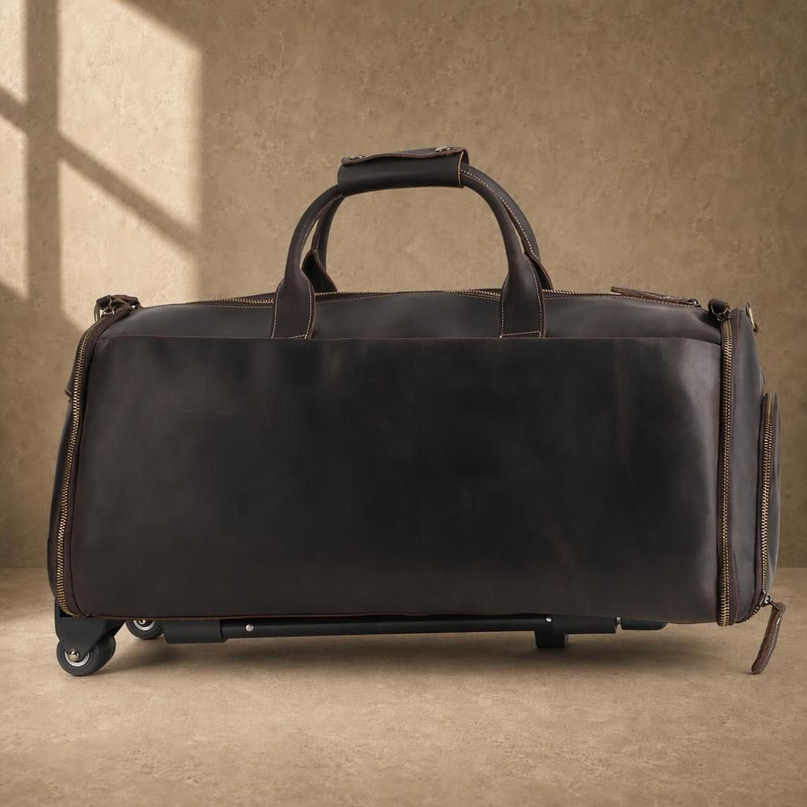 Dark brown top-grain cowhide rolling garment travel bag, front view