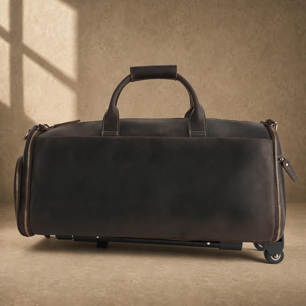 Rear view of dark brown cowhide rolling garment travel bag