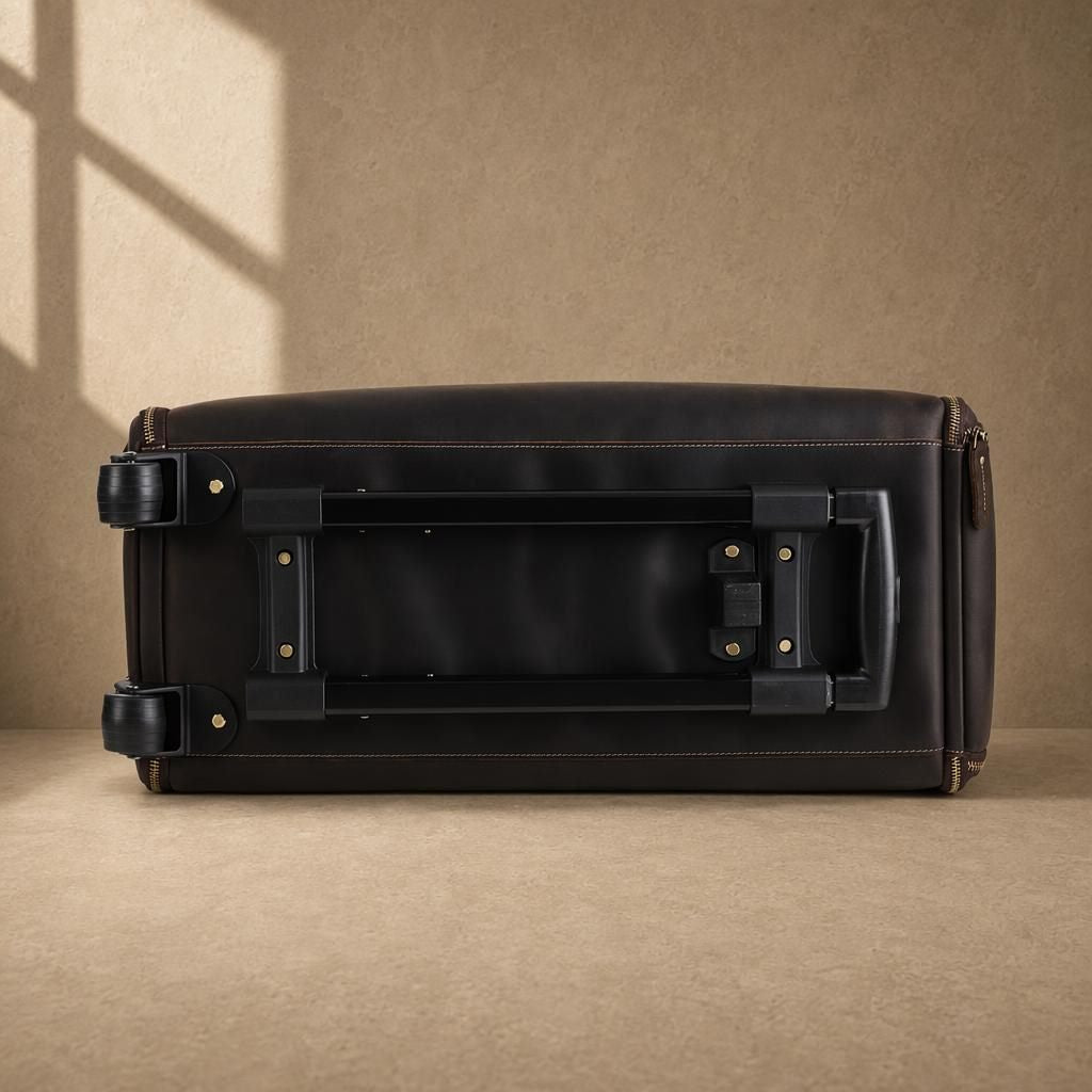 Bottom view of rolling garment bag showing trolley frame and wheels