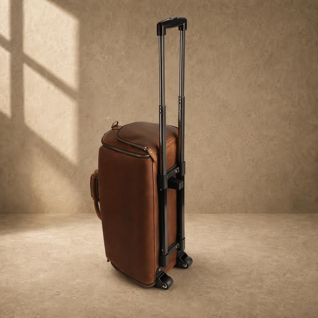 Cognac rolling garment travel bag standing with trolley handle extended