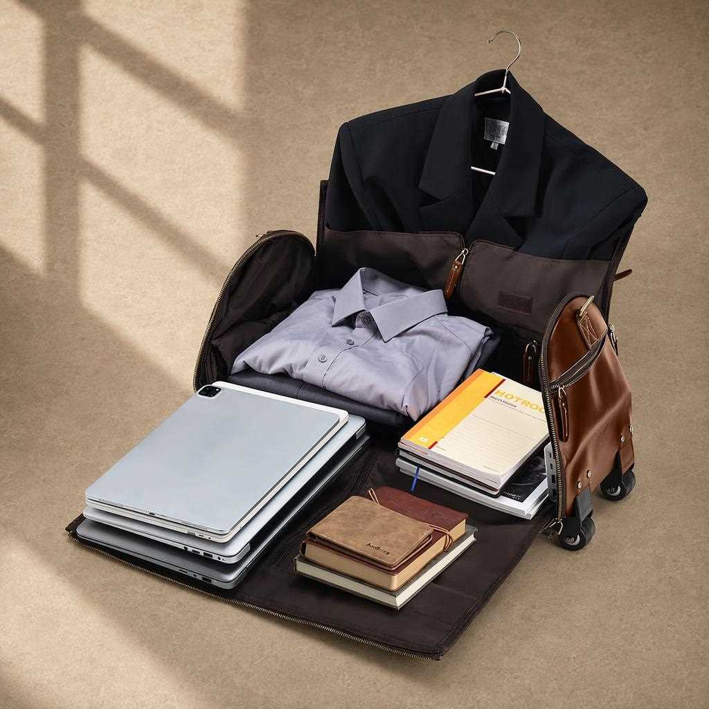 Fold-out cognac garment bag holding suit, clothing, laptop and travel essentials