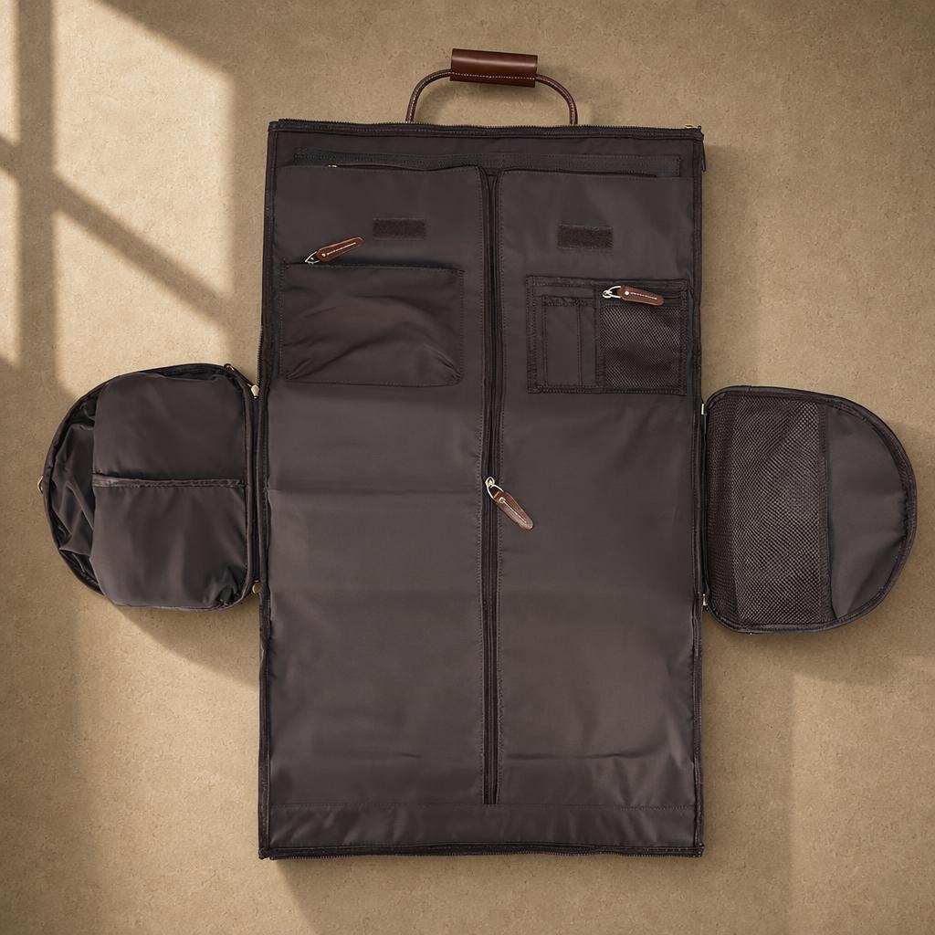Expanded garment section and organized pockets inside cognac rolling travel bag
