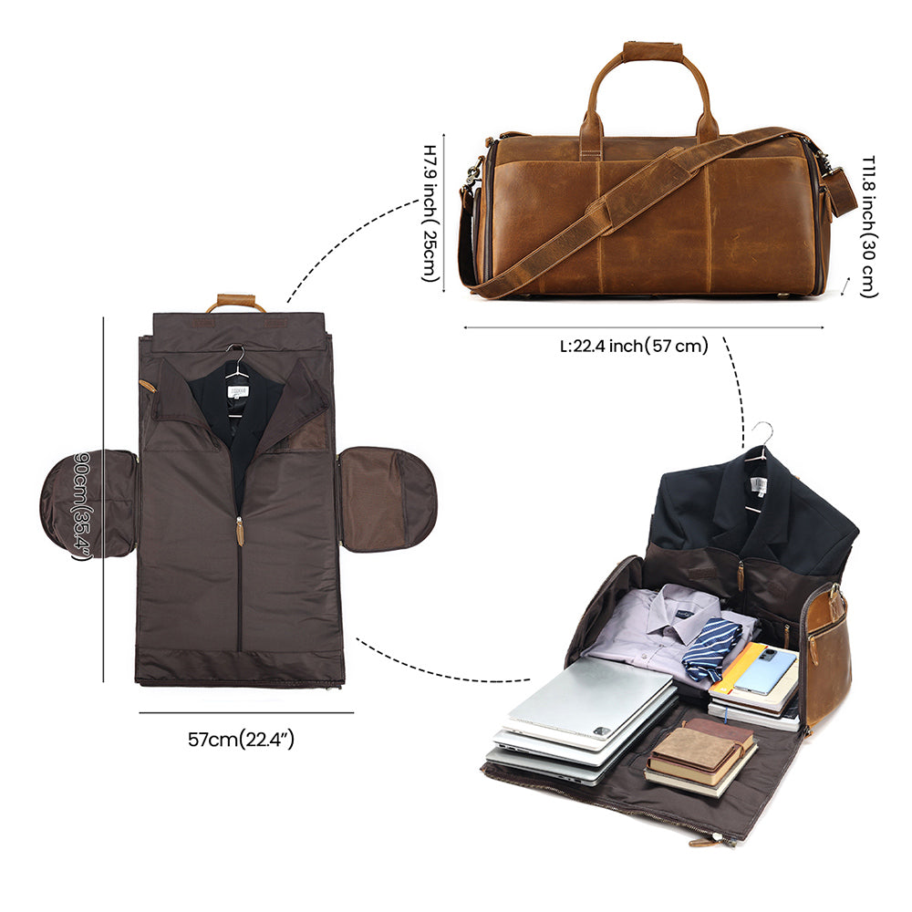 Cognac garment weekender dimensions and fold-out construction