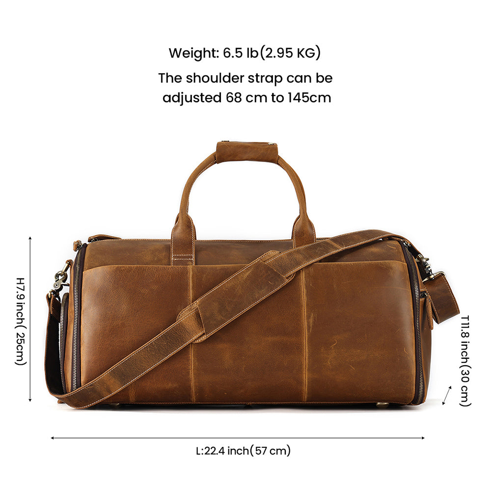Cognac garment weekender dimensions, weight and shoulder strap range