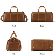 Cognac leather garment weekender front, back, side and base views