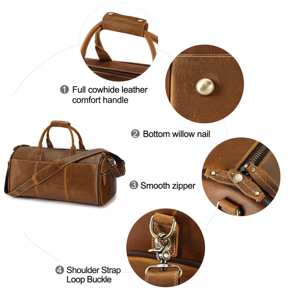 Cognac leather weekender handle, zipper, hardware and base feet details