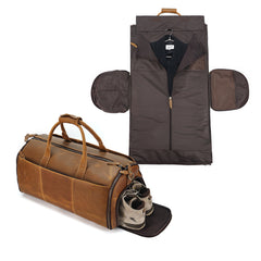 Cognac garment weekender fold-out suit section and shoe compartment