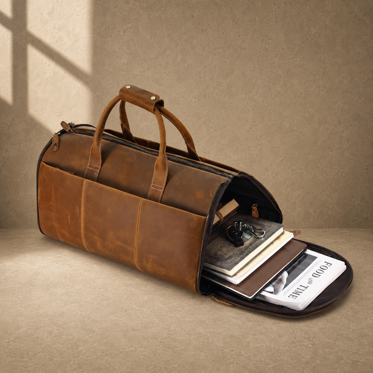 Open cognac garment weekender showing wide zippered access