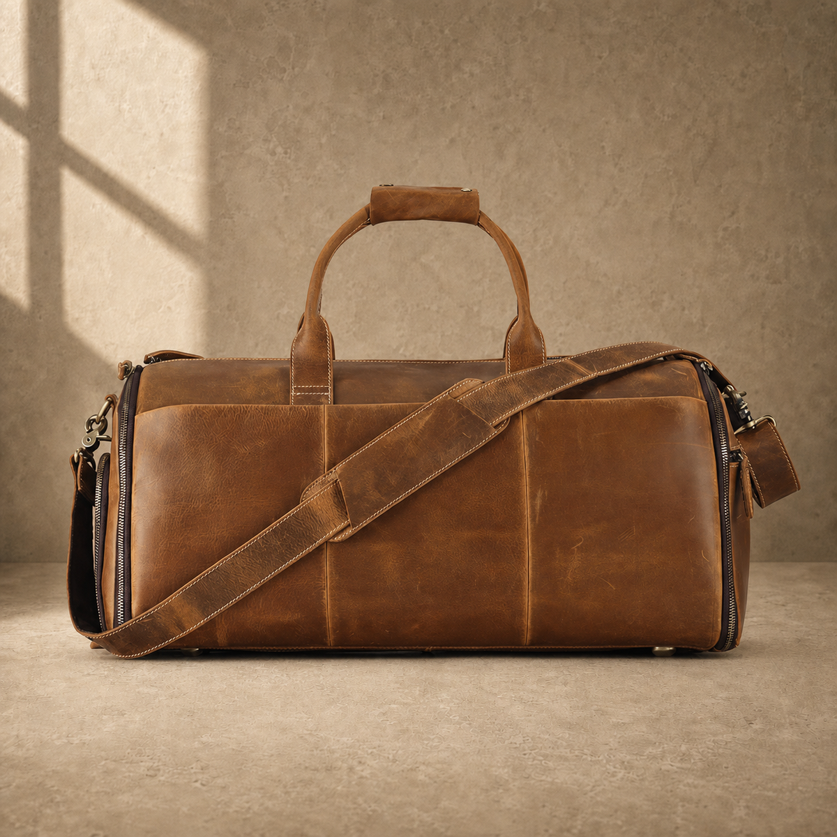 Cognac leather garment weekender with adjustable shoulder strap