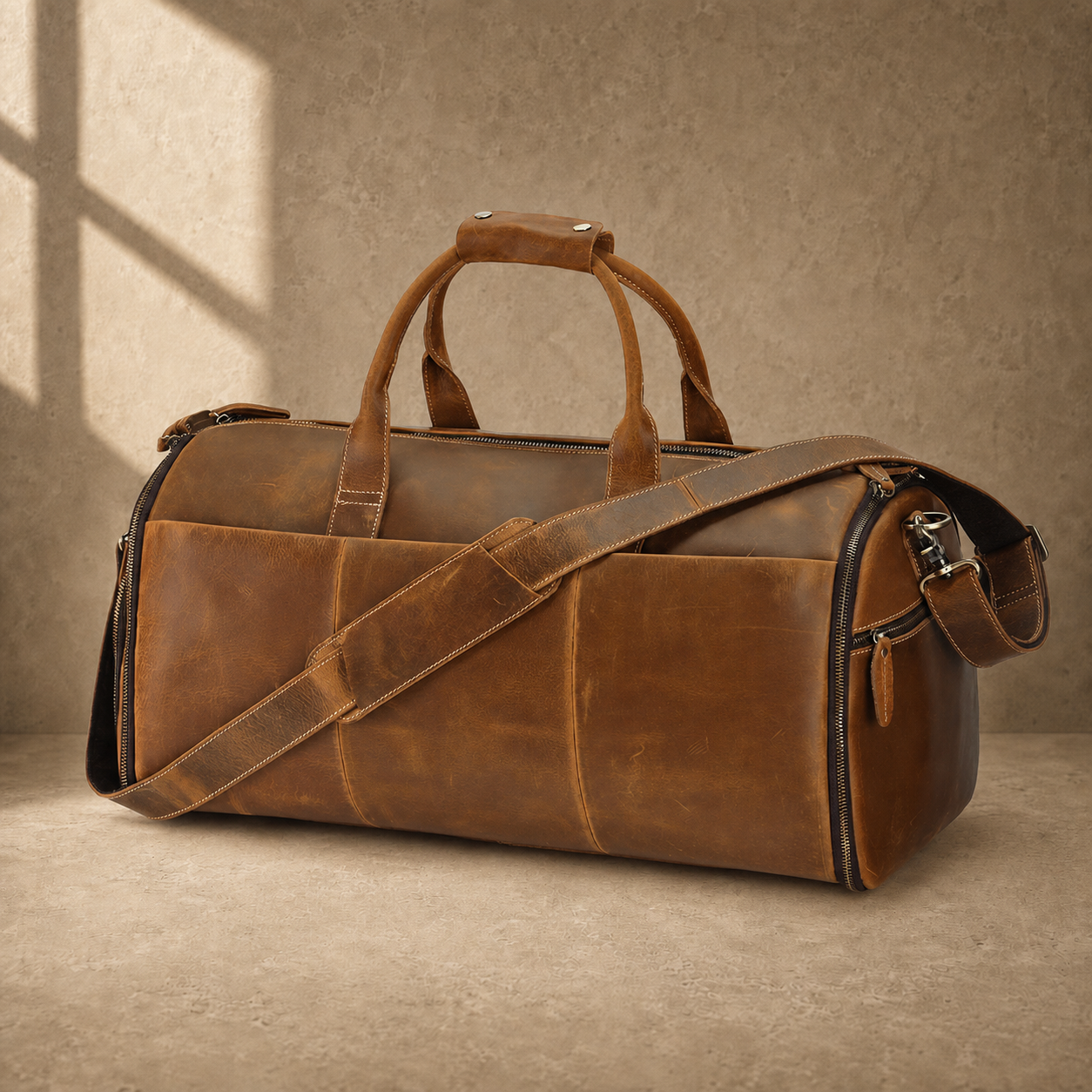 Cognac leather garment weekender bag, three-quarter view