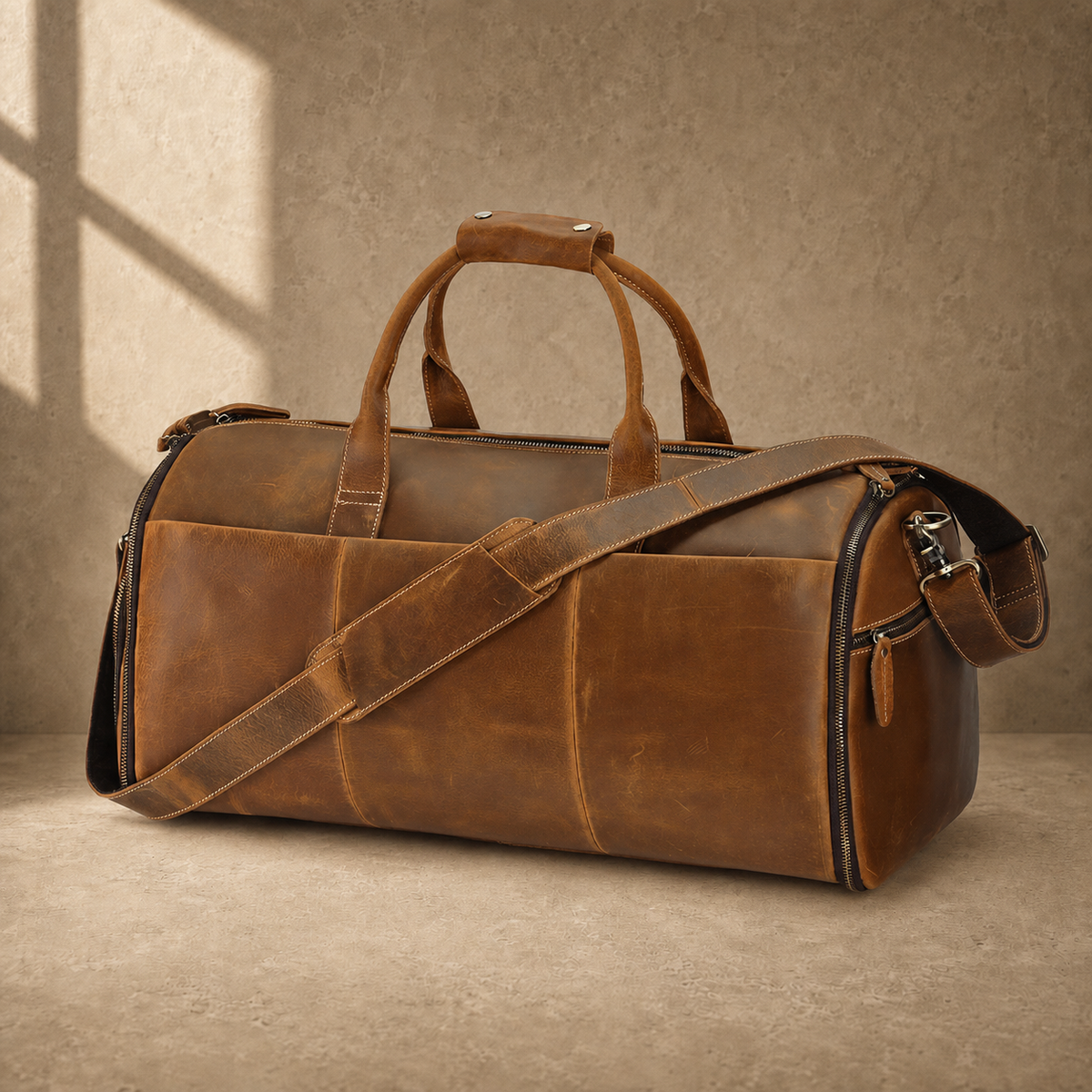 Cognac leather garment weekender bag, three-quarter view
