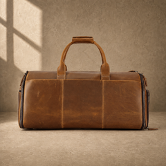 Cognac leather garment weekender bag, rear view