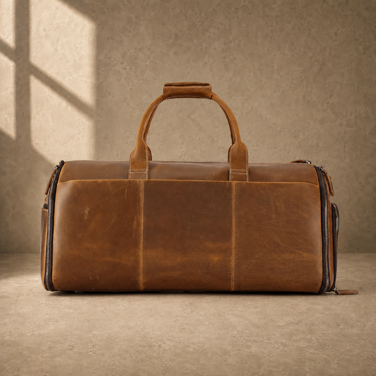 Cognac leather garment weekender bag, rear view