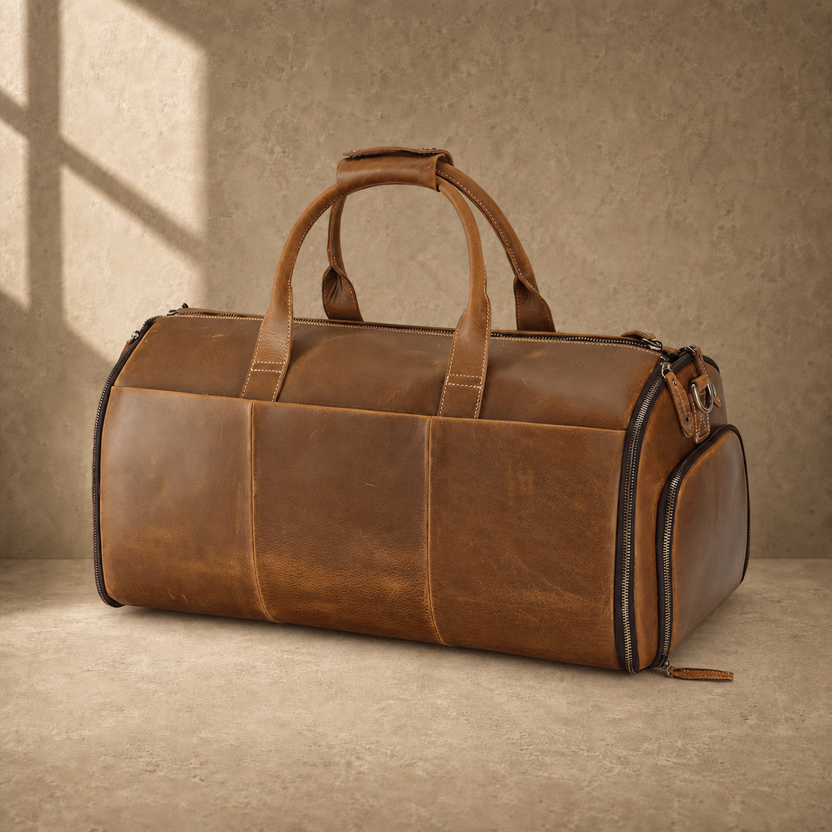 Cognac garment weekender bag, rear three-quarter view