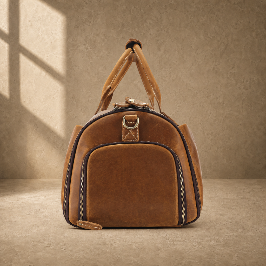 Cognac leather garment weekender showing zippered shoe compartment