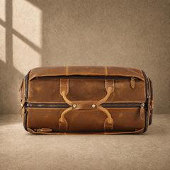 Cognac leather garment weekender bag, top view