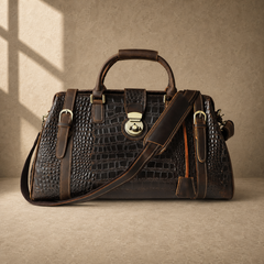 Coffee embossed weekender duffel studio view 1