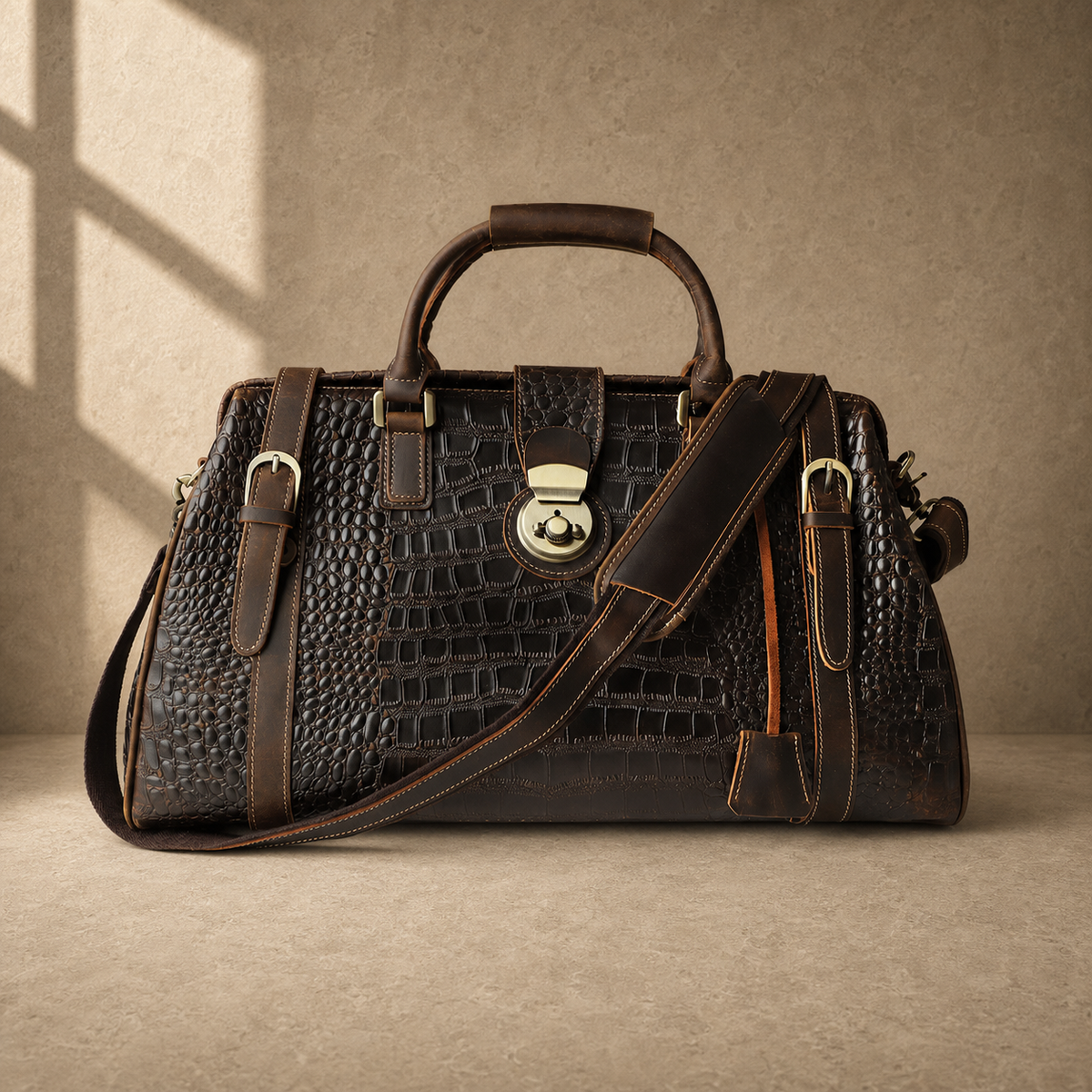 Coffee embossed weekender duffel studio view 1