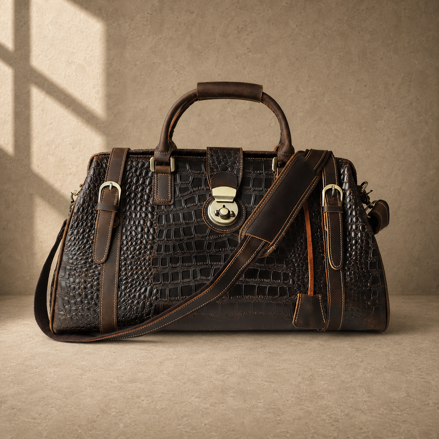 Coffee embossed weekender duffel studio view 1