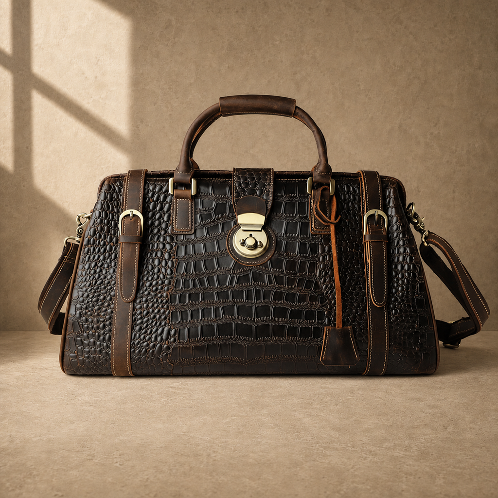 Coffee embossed weekender duffel studio view 2
