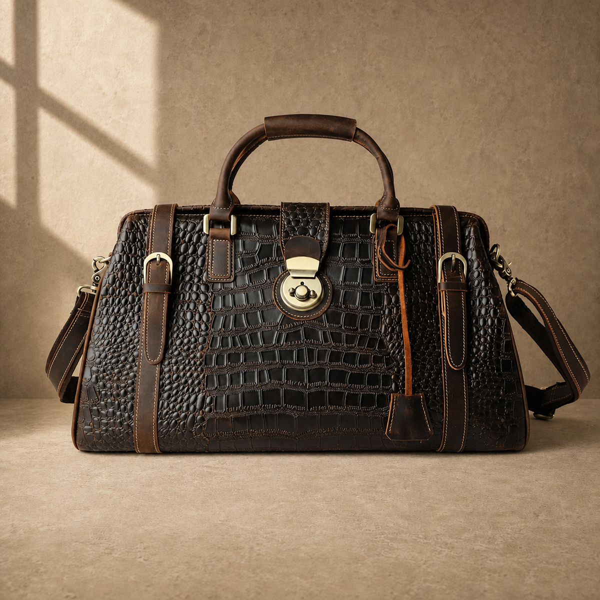 Coffee embossed weekender duffel studio view 2